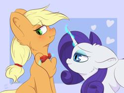 Size: 2048x1536 | Tagged: safe, artist:eventseem, imported from derpibooru, applejack, rarity, earth pony, pony, unicorn, blushing, bowtie, duo, duo female, female, floppy ears, horn, lesbian, magic, mare, rarijack, shipping