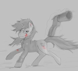 Size: 680x618 | Tagged: safe, artist:dastradraw, imported from derpibooru, oc, oc only, oc:littlepip, pony, unicorn, fallout equestria, blood, clothes, female, gun, horn, jumpsuit, looking at you, magic, mare, monochrome, pipbuck, running, solo, telekinesis, vault suit, weapon