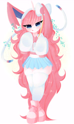 Size: 5968x9990 | Tagged: safe, artist:arwencuack, imported from derpibooru, oc, oc:nekonin, alicorn, anthro, pony, sylveon, advertisement, clothes, commission, commission info, cute, male, pokémon, skirt, smiling, socks, solo, thigh highs
