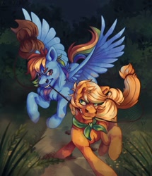 Size: 927x1080 | Tagged: safe, artist:yashyer, imported from derpibooru, applejack, rainbow dash, earth pony, pegasus, pony, accessory theft, applejack's hat, cowboy hat, duo, female, hat, hat off, lasso, mare, mouth hold, rope