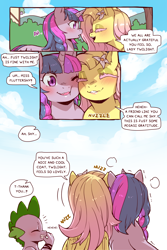 Size: 960x1440 | Tagged: safe, artist:cold-blooded-twilight, imported from derpibooru, fluttershy, spike, twilight sparkle, dragon, pegasus, pony, unicorn, cold blooded twilight, comic:cold storm, blushing, cheek to cheek, comic, dialogue, eyes closed, fangs, female, flower, flower in hair, laughing, mare, nuzzling, open mouth, smiling, snickering, speech bubble