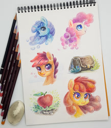 Size: 1042x1200 | Tagged: safe, artist:maytee, imported from derpibooru, apple bloom, pinkie pie, scootaloo, earth pony, pegasus, pony, unicorn, apple, bag, bust, colored pencil drawing, colored pencils, female, filly, foal, food, mare, saddle bag, sketchbook, traditional art
