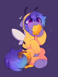 Size: 1485x1967 | Tagged: safe, artist:flixanoa, imported from derpibooru, oc, oc only, oc:stargazermap, bee, insect, pegasus, pony, animal costume, antennae, bee costume, clothes, costume, cute, ethereal mane, food, heart, honey, hoodie, hoof licking, licking, looking up, male, onesie, pegasus oc, pot, purple background, simple background, solo, starry eyes, starry mane, tongue out, wingding eyes, wings, zipper