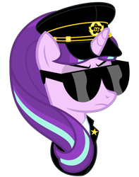 Size: 3313x4210 | Tagged: safe, artist:severity-gray, imported from derpibooru, starlight glimmer, pony, unicorn, equestria at war mod, bust, clothes, glasses, hat, military uniform, portrait, simple background, solo, sunglasses, tno, transparent background, uniform