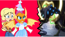 Size: 1536x887 | Tagged: safe, artist:darlycatmake, imported from derpibooru, megan williams, smolder, dragon, angry, beast, clothes, defending, dragon wings, dragoness, dress, female, froufrou glittery lacy outfit, glare, gloves, gritted teeth, hat, hennin, long gloves, mama bear, princess, princess smolder, protecting, ready to fight, scared, spread wings, story included, surprised, teeth, wings, worried