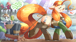 Size: 2133x1200 | Tagged: safe, artist:nignogs, imported from derpibooru, oc, oc:anon, oc:nordpone, breezie, earth pony, human, pony, armor, big pony, dragging, female, freckles, hoof boots, human male, kidnapped, male, mare, pillow, reversed gender roles equestria, reversed gender roles equestria general, size difference, sweat, sword, tail, tail wrap, talking, this will not end well, tied up, unamused, wagon, walking, weapon