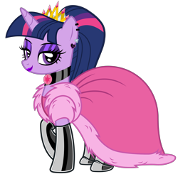 Size: 4618x4518 | Tagged: safe, artist:severity-gray, imported from derpibooru, twilight sparkle, alicorn, pony, alternate hairstyle, choker, clothes, coat, crown, dress, ear piercing, eyeshadow, fur, gala dress, gloves, jewelry, latex, latex boots, latex gloves, latex socks, lipstick, makeup, piercing, ponytail, purple lipstick, regalia, socks, solo, twilight sparkle (alicorn)