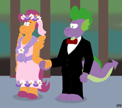 Size: 1280x1131 | Tagged: safe, artist:rotgriff, imported from derpibooru, scootaloo, spike, anthro, digitigrade anthro, dragon, pegasus, unguligrade anthro, clothes, dress, duo, female, holding hands, male, requested art, scootaspike, shipping, straight, tuxedo