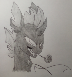 Size: 2415x2568 | Tagged: safe, artist:princess amity, derpibooru exclusive, imported from derpibooru, oc, oc only, oc:identity crisis, changeling, bust, changeling oc, cigarette, fangs, grayscale, grin, monochrome, pencil drawing, portrait, sharp teeth, simple background, smiling, smoke, smoking, solo, teeth, traditional art