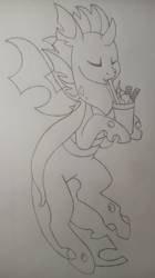 Size: 1812x3232 | Tagged: safe, artist:princess amity, derpibooru exclusive, imported from derpibooru, oc, oc only, oc:identity crisis, changeling, changeling oc, cup, eyes closed, fangs, food, hoof hold, ice cream, monochrome, pencil drawing, simple background, solo, straw, traditional art