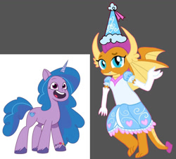 Size: 1383x1254 | Tagged: safe, artist:darlycatmake, imported from derpibooru, izzy moonbow, smolder, dragon, pony, unicorn, clothes, crossover, cute, dress, froufrou glittery lacy outfit, g5, gloves, happy, hat, hennin, izzybetes, long gloves, my little pony: tell your tale, princess, princess smolder, smiling, smolderbetes