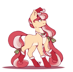 Size: 2028x2000 | Tagged: safe, alternate version, artist:prettyshinegp, imported from derpibooru, oc, oc only, earth pony, pony, bow, christmas, clothes, earth pony oc, hair bow, hat, holiday, raised hoof, santa hat, simple background, socks, solo, white background