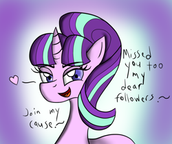 Size: 1024x860 | Tagged: safe, artist:lunahazacookie, imported from derpibooru, starlight glimmer, pony, unicorn, abstract background, bedroom eyes, bust, colored, eyelashes, female, heart, mare, s5 starlight, solo, talking