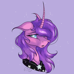 Size: 2898x2900 | Tagged: safe, artist:thelazyponyy, imported from derpibooru, oc, oc only, pony, unicorn, clothes, female, horn, mare, purple background, simple background, solo, unicorn oc