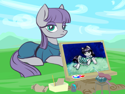 Size: 1600x1200 | Tagged: safe, artist:kovoranu, imported from derpibooru, maud pie, earth pony, pony, artist, beret, boulder (g4), canvas, clothes, dress, easel, female, hat, mare, paintbrush, painting, solo, stool, tree stump