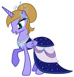 Size: 878x910 | Tagged: safe, artist:more by wynterstar93, imported from twibooru, oc:capricorn moon, alicorn, pony, clothes, dress, female, females only, gala dress, image, mare, needs more jpeg