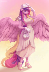 Size: 738x1083 | Tagged: safe, artist:margony, imported from derpibooru, princess cadance, alicorn, anthro, plantigrade anthro, breasts, busty princess cadance, clothes, dress, female, floppy ears, gloves, gradient background, hat, high heels, jewelry, large wings, mare, milf, necklace, open-toed shoes, pearl necklace, purse, shoes, solo, spread wings, toes, wings