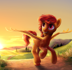 Size: 1057x1041 | Tagged: safe, artist:kaermter, imported from derpibooru, oc, oc only, oc:alios, pegasus, pony, male, open mouth, open smile, running, smiling, solo, spread wings, stallion, wings