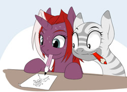 Size: 500x364 | Tagged: safe, artist:doomy, imported from twibooru, oc, oc only, oc:doom, oc:soulcapturer, pony, unicorn, zebra, drawing, female, image, mare, needs more jpeg, reaction image, red pencil, sweat, sweating profusely