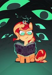 Size: 1890x2701 | Tagged: safe, artist:dawnfire, sunset shimmer, pony, unicorn, equestria girls, book, eye, eyes, female, horn, magic, mare, reading, sitting, solo, telekinesis