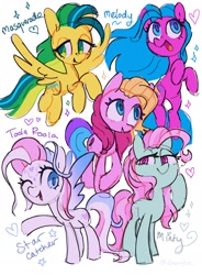 Size: 2011x2732 | Tagged: safe, artist:dawnfire, masquerade (g1), melody, minty, star catcher, toola roola, earth pony, pegasus, pony, female, flying, g1, g1 to g4, generation leap, heart, looking at you, mare, one eye closed, open mouth, simple background, sparkles, spread wings, white background, wings, wink