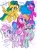 Size: 2011x2732 | Tagged: safe, artist:dawnfire, masquerade (g1), melody, minty, star catcher, toola roola, earth pony, pegasus, pony, female, flying, g1, g1 to g4, generation leap, heart, looking at you, mare, one eye closed, open mouth, simple background, sparkles, spread wings, white background, wings, wink