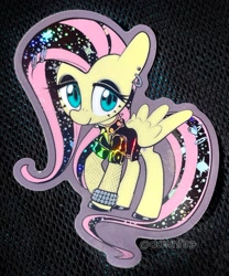 Size: 1500x1805 | Tagged: safe, artist:dawnfire, fluttershy, pegasus, pony, clothes, collar, ear piercing, earring, eyeshadow, female, fishnets, fluttergoth, jewelry, makeup, mare, piercing, solo, spiked collar, spread wings, sticker, wings