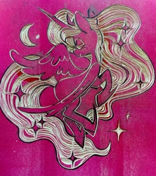 Size: 1818x2048 | Tagged: safe, artist:dawnfire, imported from twibooru, princess luna, alicorn, pony, crescent moon, crown, female, horn, image, jewelry, lidded eyes, linocut, mare, moon, needs more jpeg, regalia, solo, sparkles, spread wings, traditional art, wings
