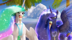 Size: 3840x2160 | Tagged: safe, artist:clopician, imported from derpibooru, princess celestia, princess luna, alicorn, pony, 3d, 4k, beach, bikini, clothes, female, food, glasses, high res, ice cream, licking, mare, ocean, open mouth, palm tree, sky, smiling, spread wings, sunglasses, sweat, sweating profusely, swimsuit, tongue out, tree, water, watermark, wings