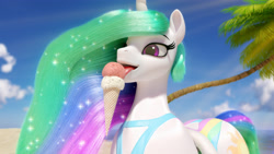 Size: 3840x2160 | Tagged: safe, artist:clopician, princess celestia, alicorn, pony, beach, clothes, female, food, ice cream, mare, open mouth, sky, smiling, swimsuit, tongue out