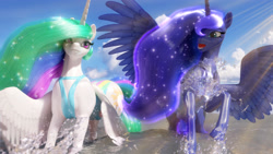 Size: 3840x2160 | Tagged: safe, artist:clopician, princess celestia, princess luna, alicorn, pony, beach, clothes, crotchboobs, female, mare, nudity, open mouth, sky, smiling, splashing, spread wings, suprised look, swimsuit, teats, water, wings