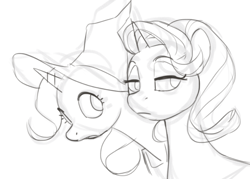 Size: 820x587 | Tagged: safe, artist:cadillacdynamite, starlight glimmer, trixie, pony, unicorn, female, frown, hat, mare, monochrome, simple background, sketch, wip