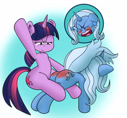Size: 3360x3128 | Tagged: safe, artist:goblinboyjesus, imported from derpibooru, trixie, twilight sparkle, pony, unicorn, 4chan, abuse, angry, blushing, crying, duo, eyes closed, over the knee, punish the villain, punishment, reddened butt, sitting, smiling, smug, spank mark, spanking, tears of pain