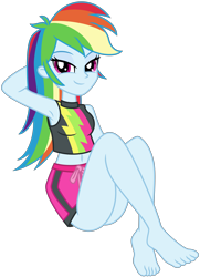Size: 5184x7168 | Tagged: safe, artist:emeraldblast63, imported from derpibooru, rainbow dash, human, equestria girls, equestria girls series, forgotten friendship, absurd resolution, armpits, bare shoulders, barefoot, bedroom eyes, belly button, bikini, breasts, clothes, eyebrows, eyeshadow, feet, female, fixed, looking at you, makeup, midriff, sexy, simple background, sitting, solo, stupid sexy rainbow dash, swimsuit, transparent background, trunks