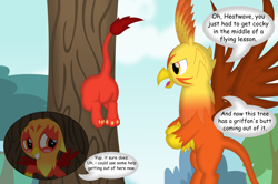 Size: 3498x2321 | Tagged: safe, artist:porygon2z, imported from derpibooru, oc, oc only, oc:blaze, oc:heatwave, griffon, brothers, butt, buttstuck, chickub, duo, duo male, male, plot, siblings, stuck, stuck between trees