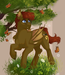 Size: 3089x3521 | Tagged: safe, artist:roselord, imported from derpibooru, oc, oc only, oc:bass amperage, bat pony, butterfly, pony, chest fluff, commission, fluffy, forest, glasses, grass, male, stallion, tree, ych result, your character here