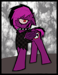 Size: 1404x1818 | Tagged: safe, artist:xxv4mp_g4z3rxx, imported from derpibooru, oc, oc:violet valium, bat pony, pony, bat pony oc, closed mouth, clothes, collar, emo, eyeliner, eyeshadow, fangs, female, folded wings, hoodie, makeup, mare, purple coat, red eyes, solo, spiked collar, torn ear, wings