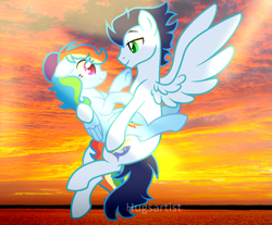 Size: 1203x997 | Tagged: safe, artist:hugsartist, imported from derpibooru, rainbow dash, soarin', pegasus, pony, alternate hairstyle, backwards cutie mark, female, flying, holding a pony, looking at each other, looking at someone, male, mare, shipping, soarindash, stallion, straight, sunset