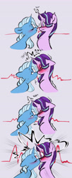 Size: 3318x8138 | Tagged: safe, artist:chub-wub, imported from derpibooru, starlight glimmer, trixie, pony, unicorn, 4 panel comic, 4koma, blushing, boop, comic, duo, embarrassed, female, floppy ears, horn, horns are touching, kiss on the lips, kissing, lesbian, mare, noseboop, shipping, smug, startrix
