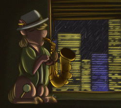 Size: 1024x911 | Tagged: safe, artist:sunflareworks, imported from derpibooru, oc, oc only, oc:phillip finder, fanfic:ponyville noire, city, cityscape, clothes, ear piercing, earring, eyes closed, hat, jewelry, music, musical instrument, night, piercing, rain, ring, saxophone, solo, trilby, vest, wedding ring, window