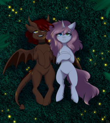 Size: 3000x3366 | Tagged: safe, artist:alunedoodle, imported from derpibooru, oc, oc only, oc:bubblegum kiss, oc:whiskey dreams, demon, demon pony, firefly (insect), insect, pony, unicorn, chest fluff, duo, grass, lying down