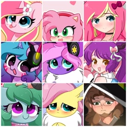 Size: 2048x2048 | Tagged: safe, artist:kittyrosie, imported from derpibooru, part of a set, fluttershy, izzy moonbow, oc, oc:kazumi, oc:lillybit, oc:rosa flame, eevee, human, pony, unicorn, :p, abstract background, amy rose, blushing, bow, clothes, collar, colored hooves, colored pupils, cute, d.va, daaaaaaaaaaaw, drop shadow, female, floppy ears, g5, gradient background, hair bow, hand, head pat, headphones, heart, heart eyes, high res, hooves together, horn, izzybetes, looking at you, looking up, mare, nintendo switch, ocbetes, offscreen character, open mouth, overwatch, pat, paw pads, petting, pokefied, pokémon, purple background, shy, shyabetes, silly, silly pony, simple background, sitting, smiling, socks, sonic the hedgehog (series), striped socks, tongue out, unicorn oc, wall of tags, weapons-grade cute, whisker markings, wingding eyes