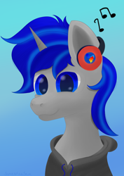 Size: 2480x3508 | Tagged: safe, artist:samenandsam, imported from derpibooru, oc, oc only, oc:sound shiver, pony, unicorn, clothes, head, headphones, hoodie, horn, listening to music, male, music notes, smiling, solo