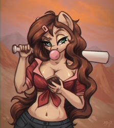 Size: 2426x2721 | Tagged: safe, artist:amishy, imported from derpibooru, oc, oc only, oc:sandy lane, anthro, earth pony, baseball bat, belly button, breasts, bubblegum, cellphone, cleavage, female, food, front knot midriff, gum, looking at you, mare, midriff, phone, smartphone, solo