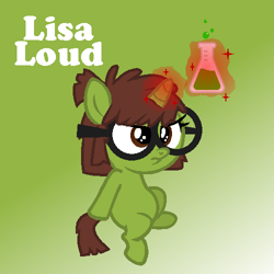 Size: 500x500 | Tagged: safe, artist:nicolettebelle, artist:pastel-pocky, imported from derpibooru, pony, unicorn, base used, bubble, female, filly, flask, foal, frown, glasses, green background, horn, lisa loud, magic, ponified, potion, rule 85, simple background, sitting, sparkles, text, the loud house, unamused