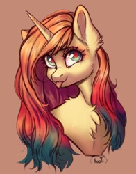 Size: 1328x1690 | Tagged: safe, artist:neotoad_art, imported from derpibooru, oc, oc only, oc:sheron, pony, unicorn, brown background, bust, chest fluff, ear fluff, female, mare, simple background, smiling, solo, tongue out