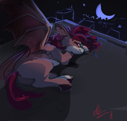 Size: 2924x2797 | Tagged: safe, artist:alumx, imported from derpibooru, oc, oc only, oc:bramble patch, bat pony, pony, bat pony oc, butt, crescent moon, fangs, female, high res, looking at you, looking back, looking back at you, lying down, mare, moon, night, plot, prone, solo, spread wings, wings