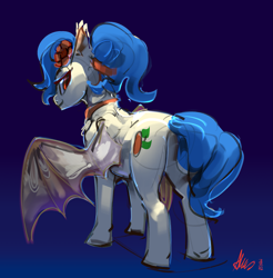 Size: 2339x2378 | Tagged: safe, artist:alumx, imported from derpibooru, oc, oc only, bat pony, pony, bat pony oc, bat wings, butt, female, flower, flower in hair, gradient background, high res, looking at you, looking back, looking back at you, mare, plot, rear view, solo, wings