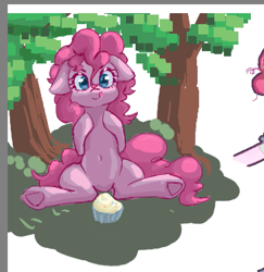 Size: 723x744 | Tagged: safe, artist:melonlicious, imported from derpibooru, screencap, pinkie pie, earth pony, pony, belly, belly button, blue eyes, bush, cupcake, cute, floppy ears, food, pink hair, simple background, solo, tongue out, tree, underhoof, white background