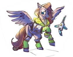 Size: 2995x2364 | Tagged: safe, artist:alumx, imported from derpibooru, oc, oc only, oc:somber gale, pegasus, pony, apex legends, blue eyes, clothes, drone, female, high res, jacket, lidded eyes, looking at you, mare, not fluttershy, pegasus oc, piercing, rearing, simple background, sketch, smiling, smiling at you, solo, spread wings, transparent background, wings